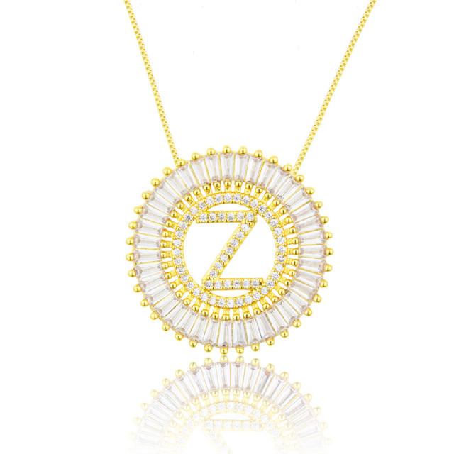 Gold plated copper diamond initial letter round piece necklace