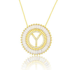 Gold plated copper diamond initial letter round piece necklace