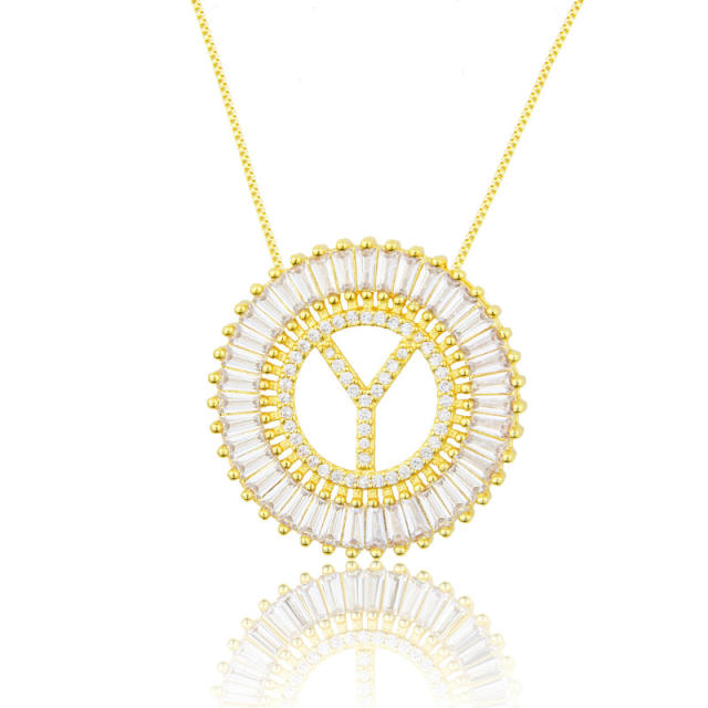 Gold plated copper diamond initial letter round piece necklace