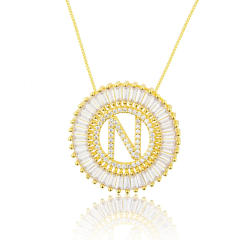 Gold plated copper diamond initial letter round piece necklace