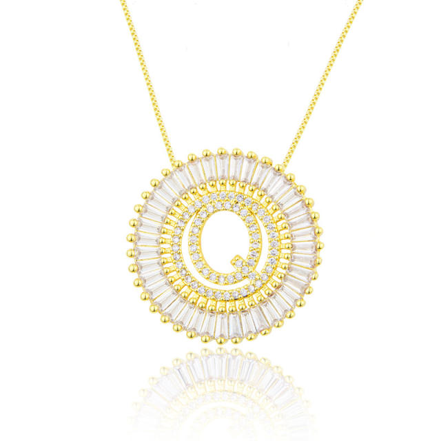Gold plated copper diamond initial letter round piece necklace