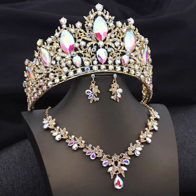 Luxury colorful glass crystal wedding hair crown necklace set