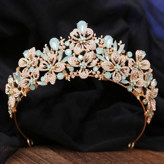 Delicate full diamond flower colorful glass crystal wedding hair crown