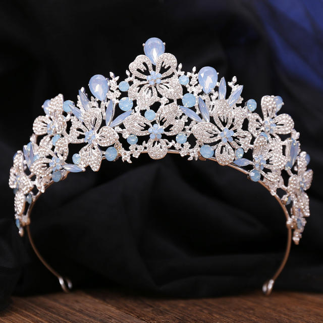 Delicate full diamond flower colorful glass crystal wedding hair crown