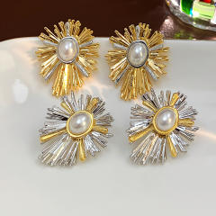 Mix color unique bigger pearl bead leaf shape copper earrings