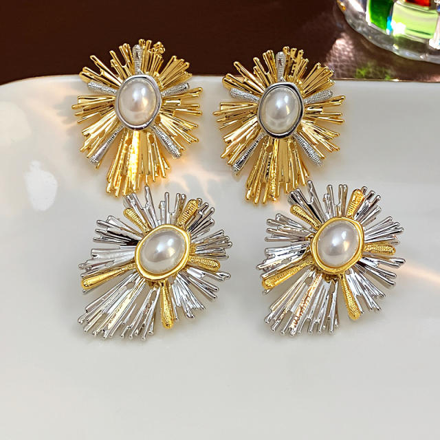 Mix color unique bigger pearl bead leaf shape copper earrings