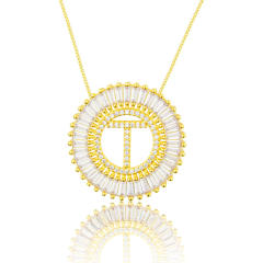 Gold plated copper diamond initial letter round piece necklace