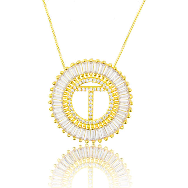 Gold plated copper diamond initial letter round piece necklace