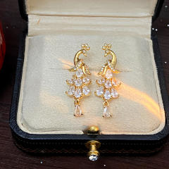 925 needle diamond peacock gold plated copper earrings