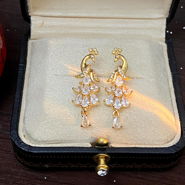 925 needle diamond peacock gold plated copper earrings