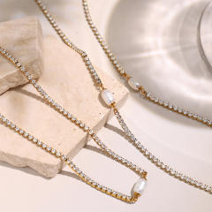Baroque pearl stainless steel necklace bracelet set  tennis necklace bracelet set