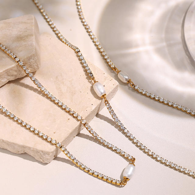 Baroque pearl stainless steel necklace bracelet set  tennis necklace bracelet set