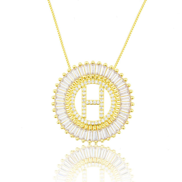 Gold plated copper diamond initial letter round piece necklace