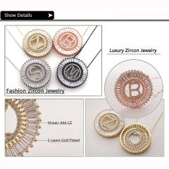 Gold plated copper diamond initial letter round piece necklace