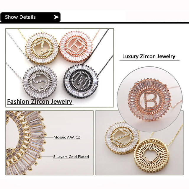 Gold plated copper diamond initial letter round piece necklace