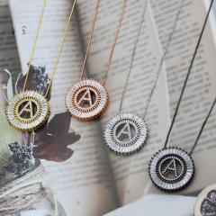 Gold plated copper diamond initial letter round piece necklace