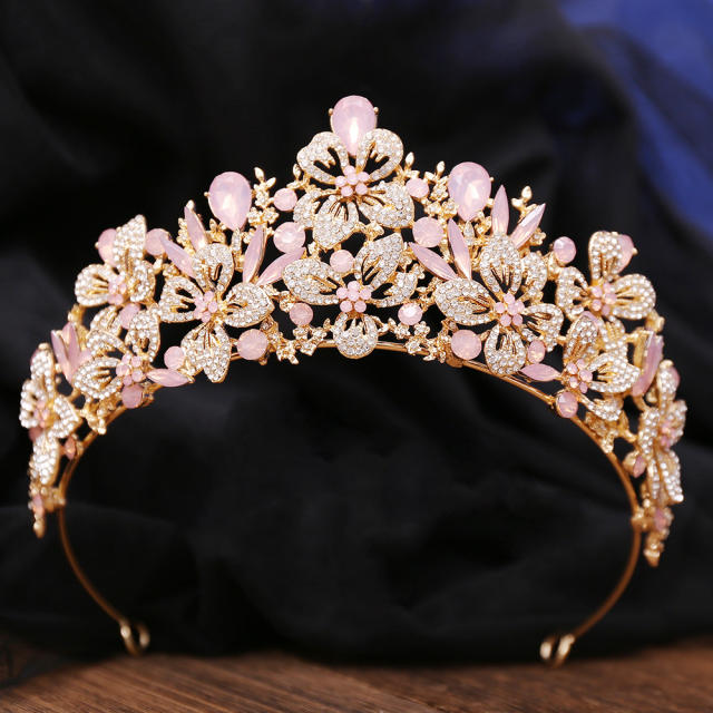 Delicate full diamond flower colorful glass crystal wedding hair crown