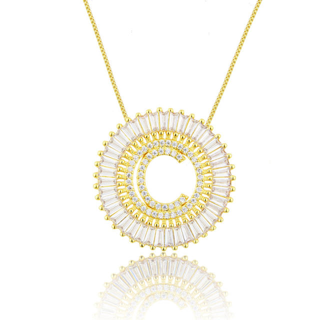 Gold plated copper diamond initial letter round piece necklace