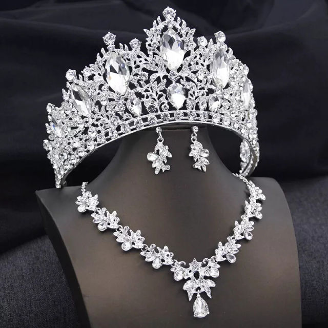 Luxury colorful glass crystal wedding hair crown necklace set