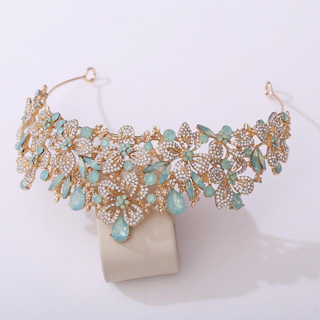 Delicate full diamond flower colorful glass crystal wedding hair crown