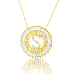 Gold plated copper diamond initial letter round piece necklace