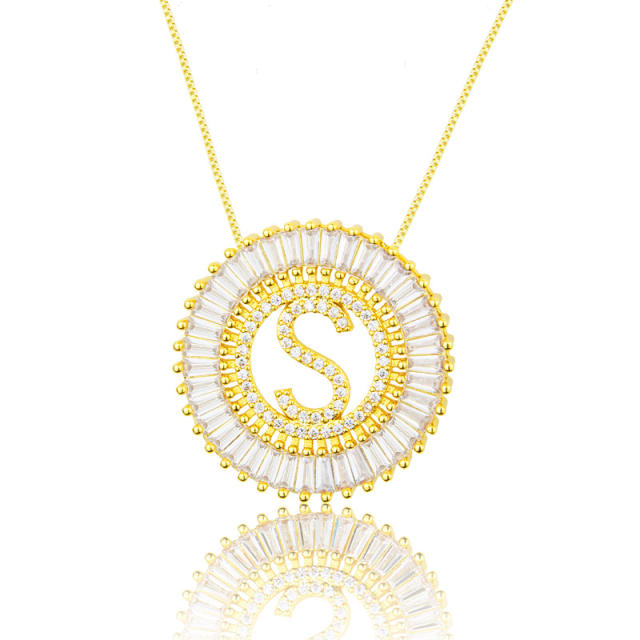 Gold plated copper diamond initial letter round piece necklace