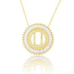 Gold plated copper diamond initial letter round piece necklace