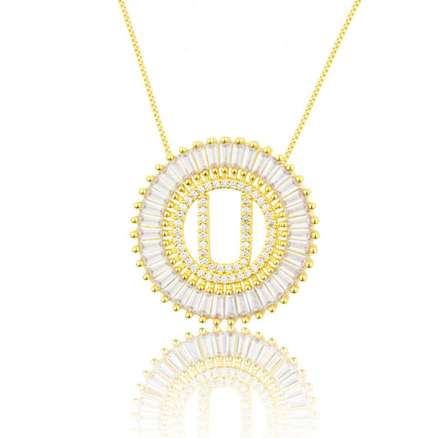 Gold plated copper diamond initial letter round piece necklace