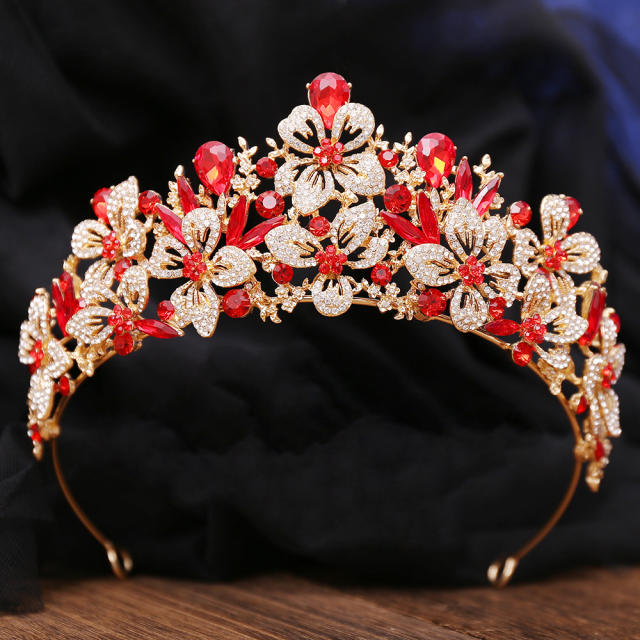 Delicate full diamond flower colorful glass crystal wedding hair crown