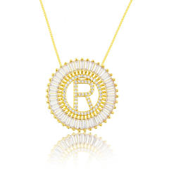 Gold plated copper diamond initial letter round piece necklace