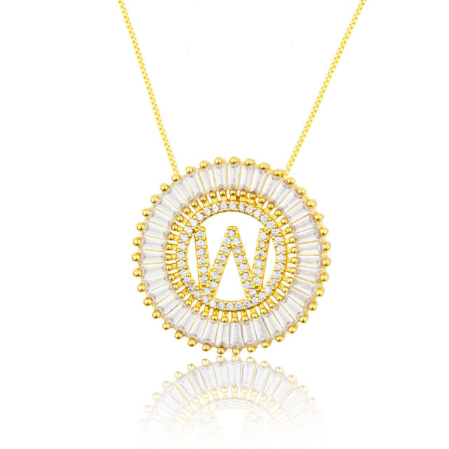 Gold plated copper diamond initial letter round piece necklace