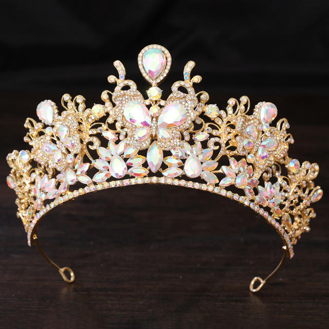 Delicate colorful glass crystal butterfly wedding hair crown