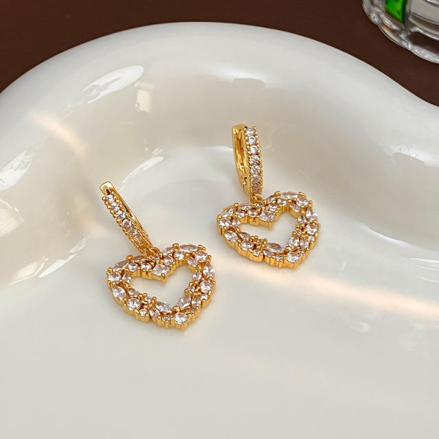Delicate diamond heart gold plated copper huggie earrings
