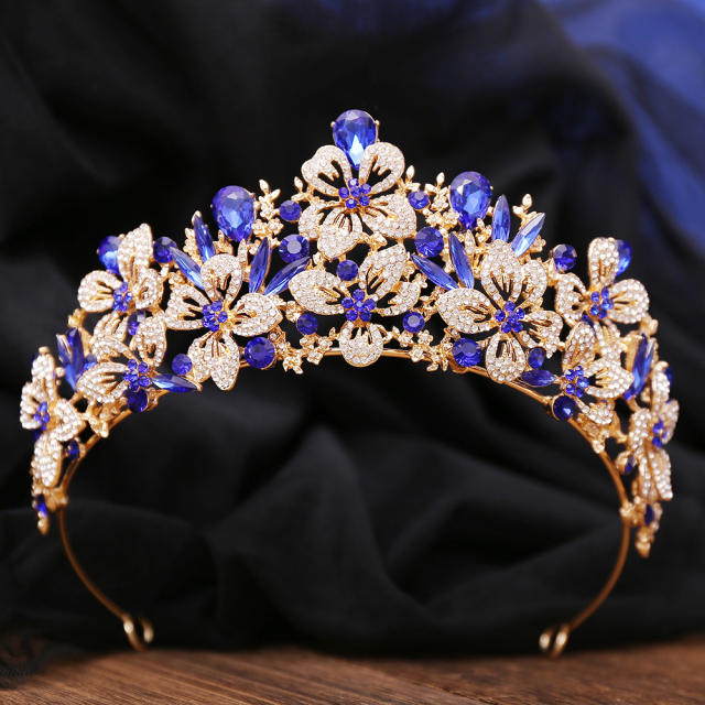 Delicate full diamond flower colorful glass crystal wedding hair crown