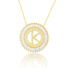 Gold plated copper diamond initial letter round piece necklace