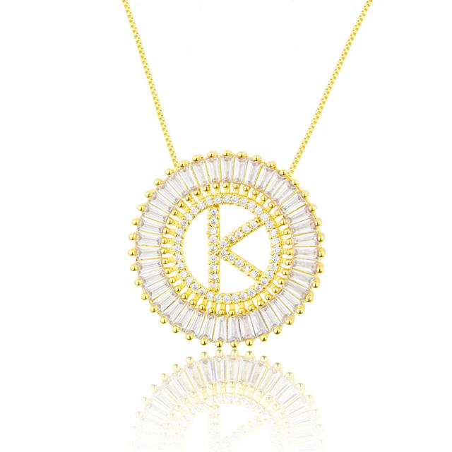 Gold plated copper diamond initial letter round piece necklace