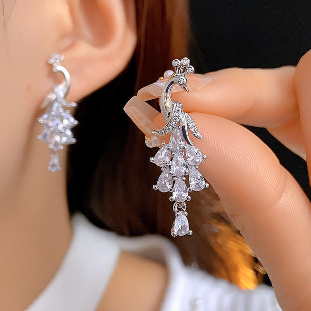 925 needle diamond peacock gold plated copper earrings