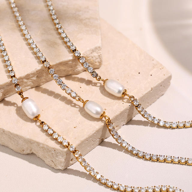 Baroque pearl stainless steel necklace bracelet set  tennis necklace bracelet set