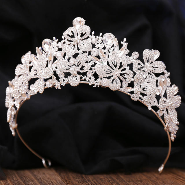 Delicate full diamond flower colorful glass crystal wedding hair crown