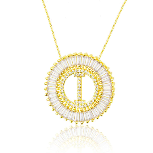 Gold plated copper diamond initial letter round piece necklace