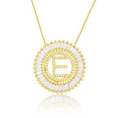 Gold plated copper diamond initial letter round piece necklace