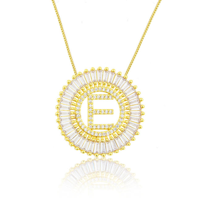 Gold plated copper diamond initial letter round piece necklace