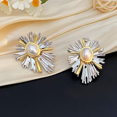 Mix color unique bigger pearl bead leaf shape copper earrings