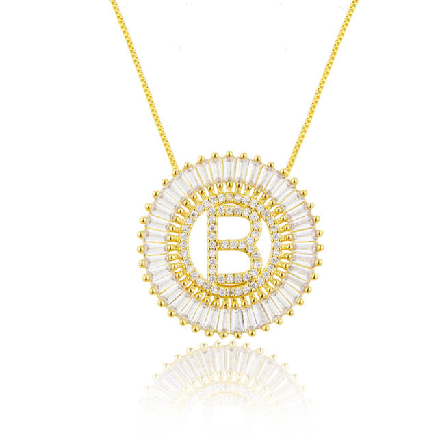 Gold plated copper diamond initial letter round piece necklace