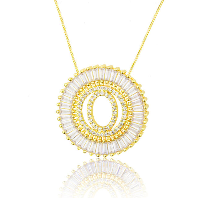 Gold plated copper diamond initial letter round piece necklace