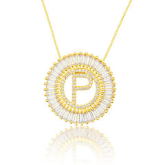 Gold plated copper diamond initial letter round piece necklace