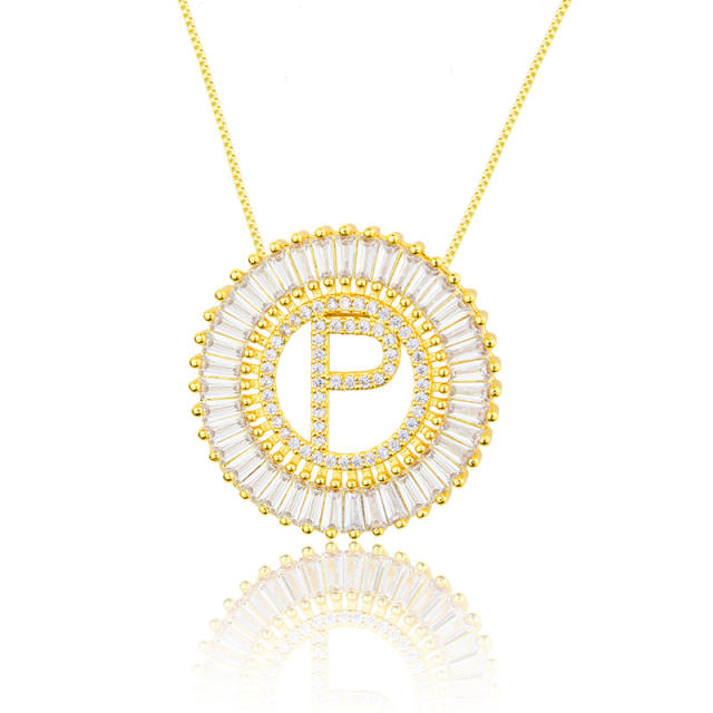Gold plated copper diamond initial letter round piece necklace