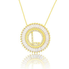 Gold plated copper diamond initial letter round piece necklace