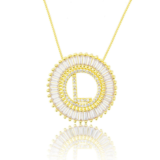 Gold plated copper diamond initial letter round piece necklace