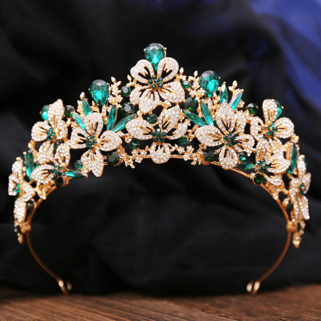 Delicate full diamond flower colorful glass crystal wedding hair crown